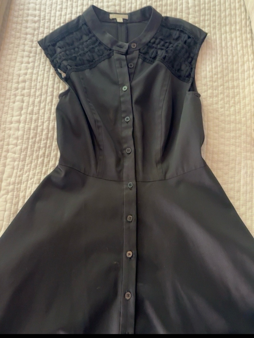 Carmen Marc Valvo Black Sleeveless Button-Front Dress with Lace Yoke Detail